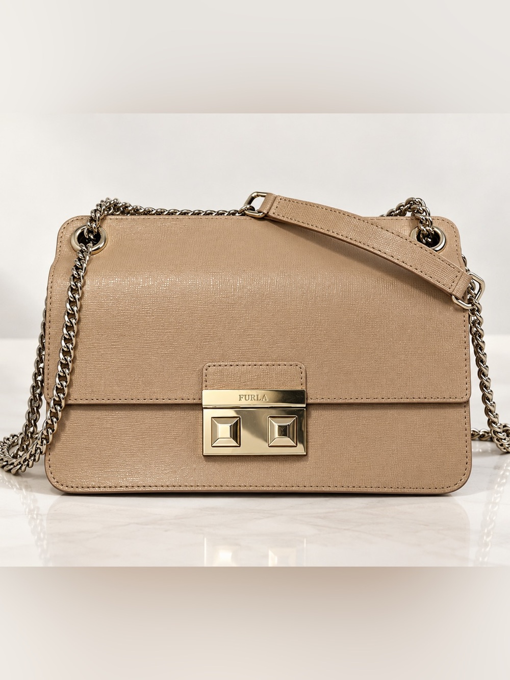 Furla Metropolis Taupe Saffiano Leather Chain Shoulder / Crossbody Bag
